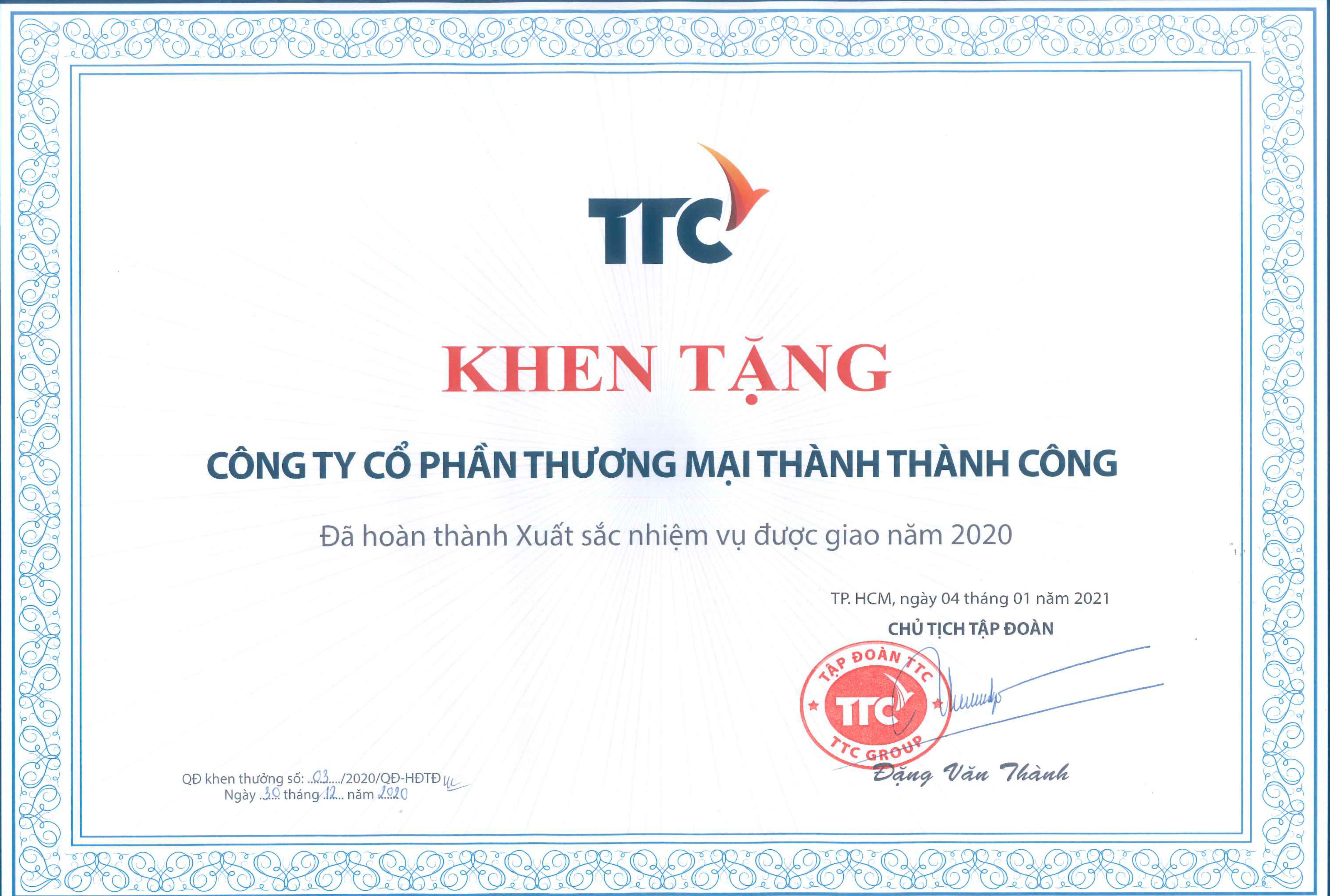 Công ty Cổ phần Thương mại Thành Thành Công đã hoàn thành Xuất sắc nhiệm vụ được giao năm 2020