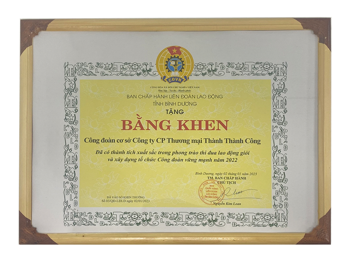Công ty CPTM Thành Thành Công đã có thành tích xuất sắc trong phong trào thi đua lao động giỏi và xây dựng tổ chức Công đoàn vững mạnh năm 2022